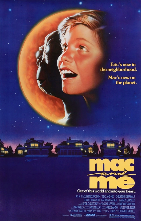 Movie poster of "Mac and Me" featuring a star light night sky in blue with Mac and Eric's faces superimposed on the moon. The text reads "Eric's new in the neighborhood. Mac's new on the planet."