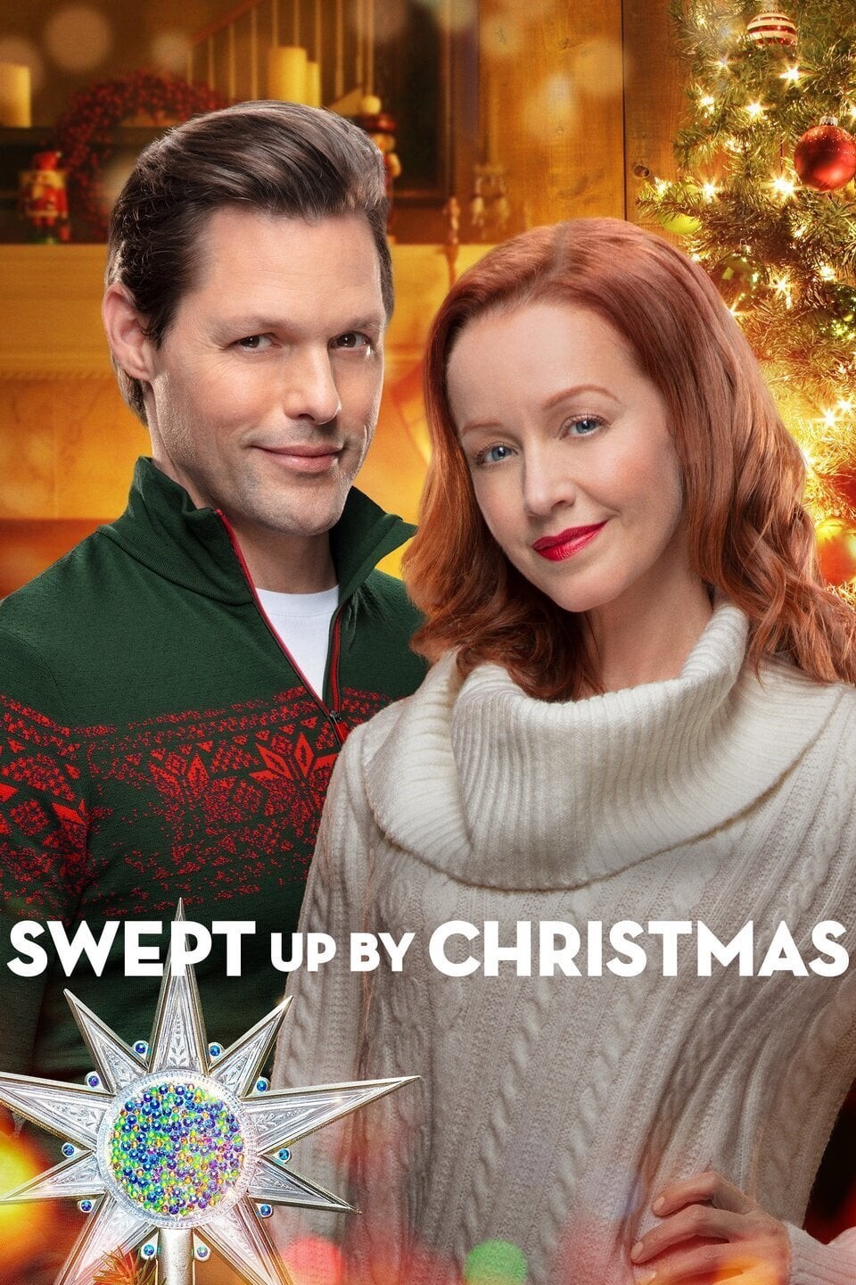 "Swept Up By Christmas" dvd cover, featuring characters Gwen and Reed standing together before a festive backdrop