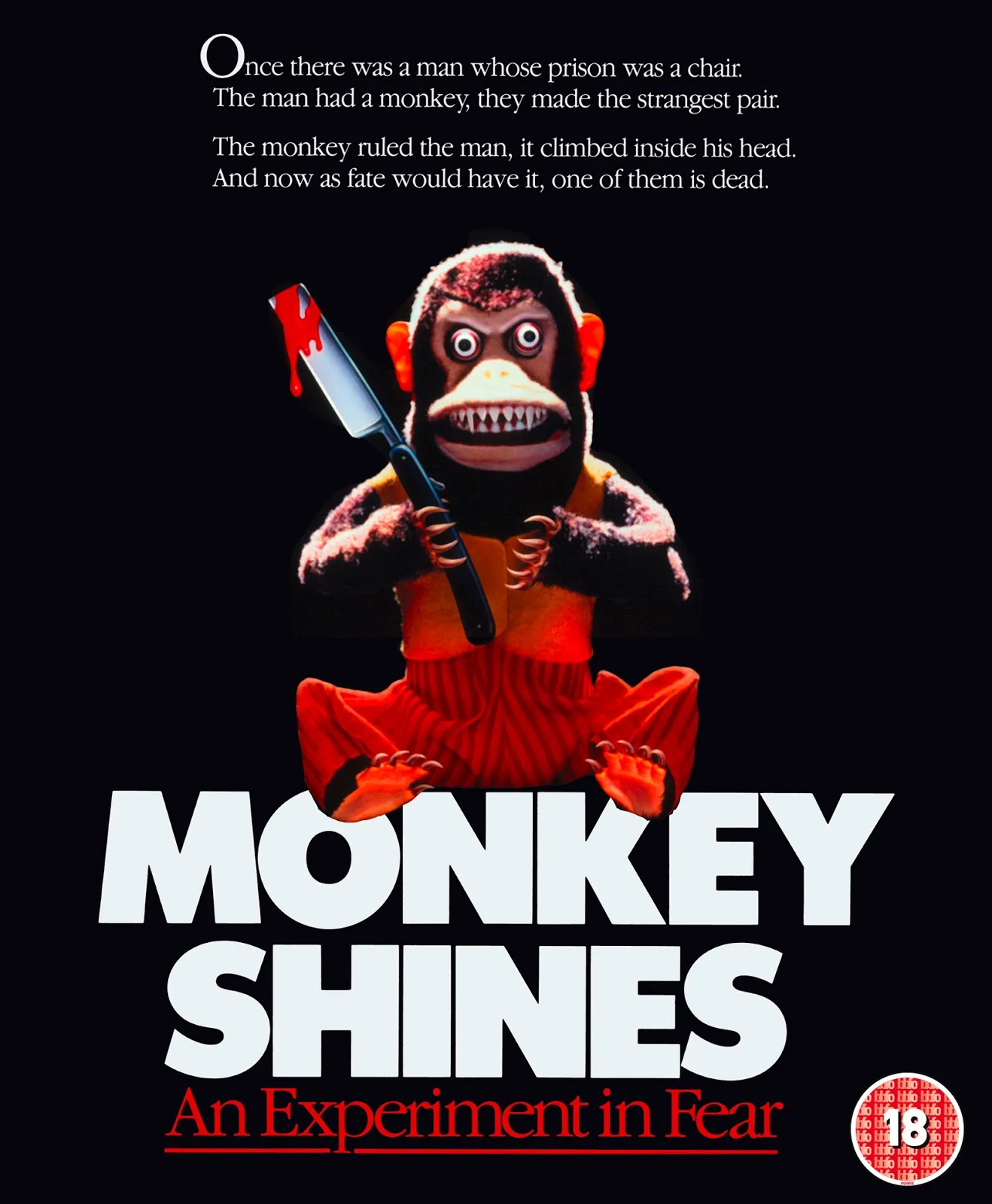 Cover of Monkey Shines dvd, featuring an angry toy monkey with bloody knife in its hands.