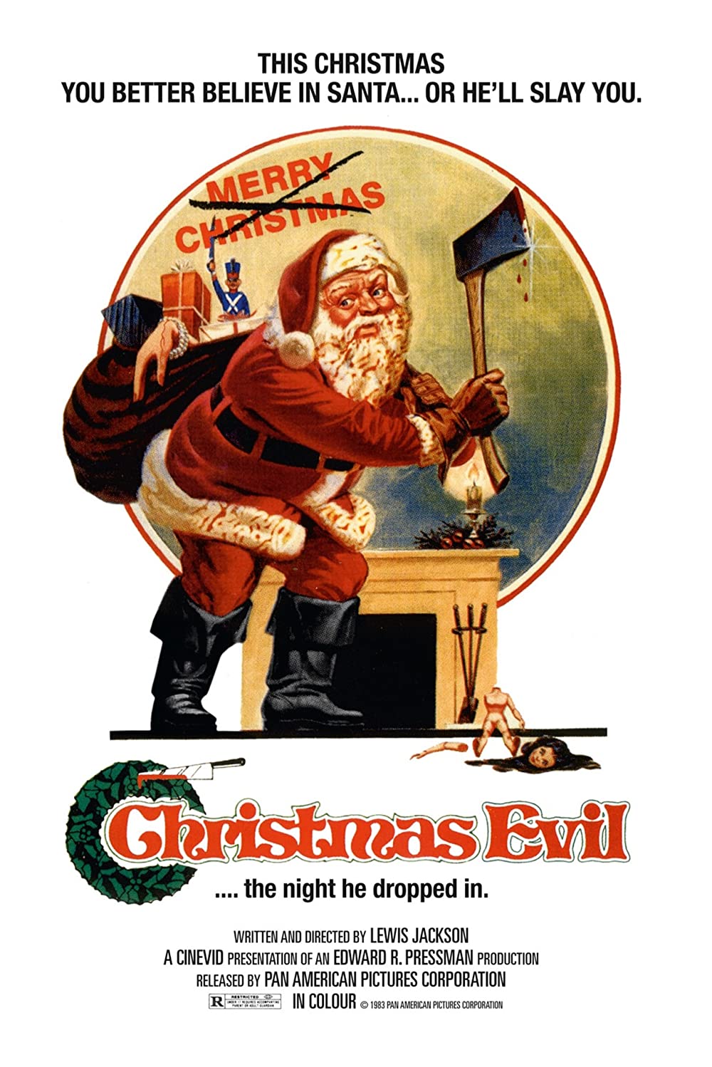 DVD cover of the Christmas Evil, featuring Santa Claus with a bloody axe and "Merry Christmas" crossed out