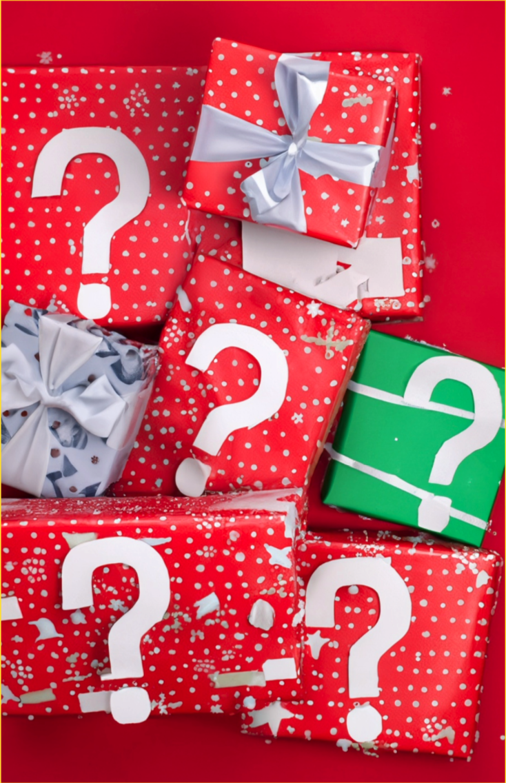 Fake DVD cover featuring christmas gifts with question marks on them