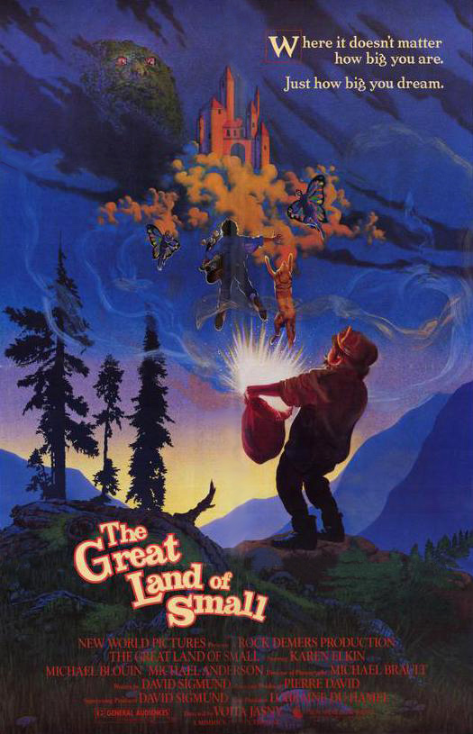 Movie poster for The Great Land of Small, featuring a drawn nature scene with man holding open a sack of magic dust.